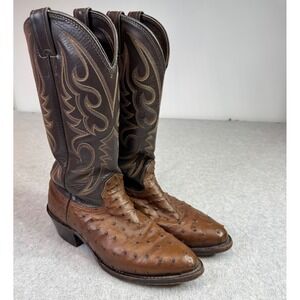 Larry Mahan Full Quill Ostrich Men Size 7 D Leather Western Cowboy Boots Brown